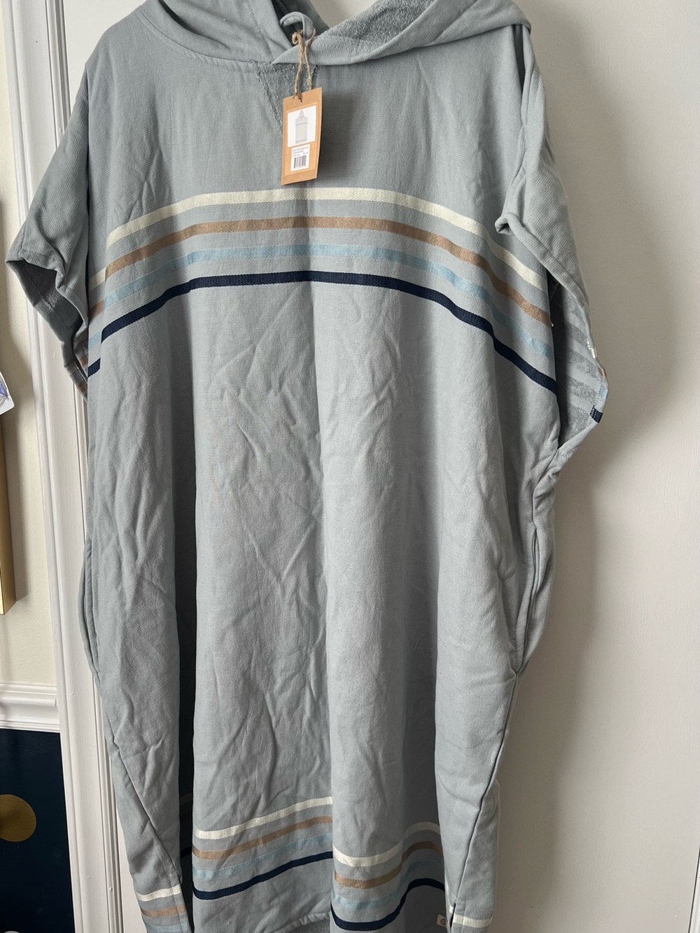 Light Gray Hooded Women's Swim Coverup with Striped Detail